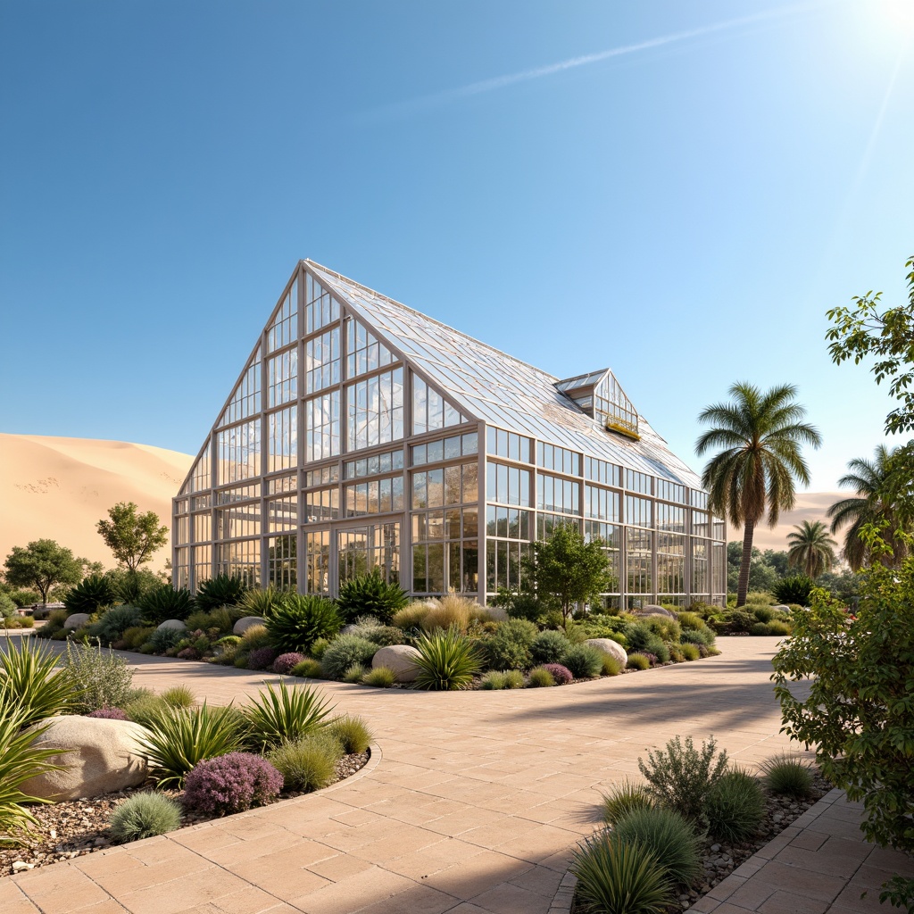 Prompt: Desert greenhouse, vast sandy dunes, clear blue sky, hot sunny day, innovative ventilation systems, evaporative cooling technology, misting systems, shading devices, thermal mass construction, insulated glazing, climate-controlled environment, sustainable agriculture practices, hydroponic farming, organic produce, lush greenery, vibrant flowers, exotic plants, tropical ambiance, soft natural lighting, ambient occlusion, realistic textures, 3/4 composition, panoramic view.