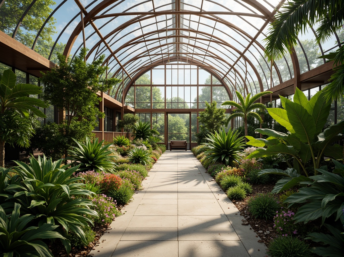 Prompt: Serene greenhouse interior, lush tropical plants, natural stone flooring, wooden trellises, curved glass roofs, modern minimalist architecture, large skylights, ambient soft lighting, shallow depth of field, 1/2 composition, symmetrical view, realistic plant textures, subtle misting effects, gentle warm air circulation, eco-friendly materials, sustainable water management systems, innovative climate control technologies, vibrant colorful flowers, intricate leaf patterns, naturalistic landscape integration, harmonious blend of interior and exterior spaces.