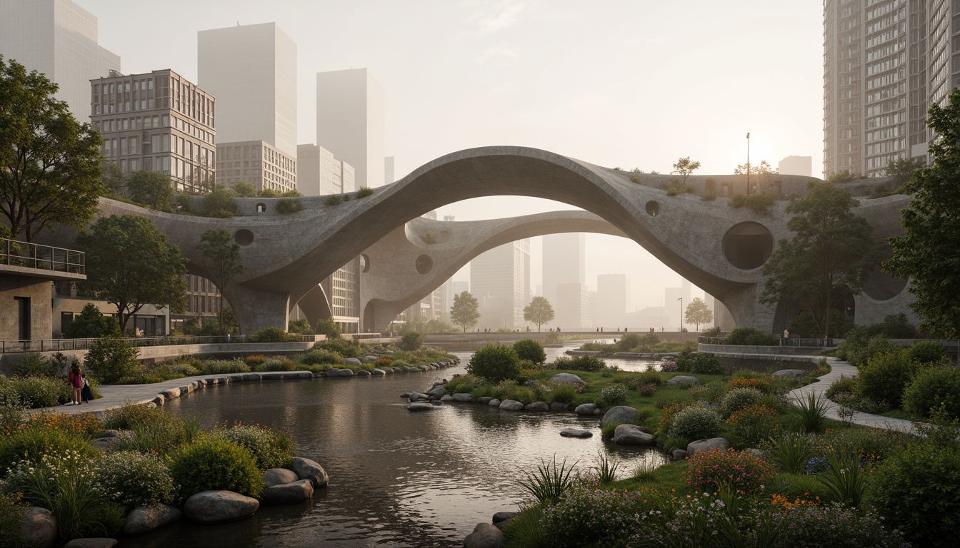 Prompt: Undulating bridge structure, flowing curves, natural stone foundations, lush greenery, vibrant flowers, iridescent water reflections, misty atmosphere, warm soft lighting, shallow depth of field, 3/4 composition, panoramic view, realistic textures, ambient occlusion, organic shapes, blob-inspired design, futuristic architecture, sleek metal railings, minimalist details, sustainable materials, eco-friendly infrastructure, innovative engineering solutions, pedestrian walkways, cyclist paths, scenic lookout points, urban landscape, morning fog, warm golden hour lighting.