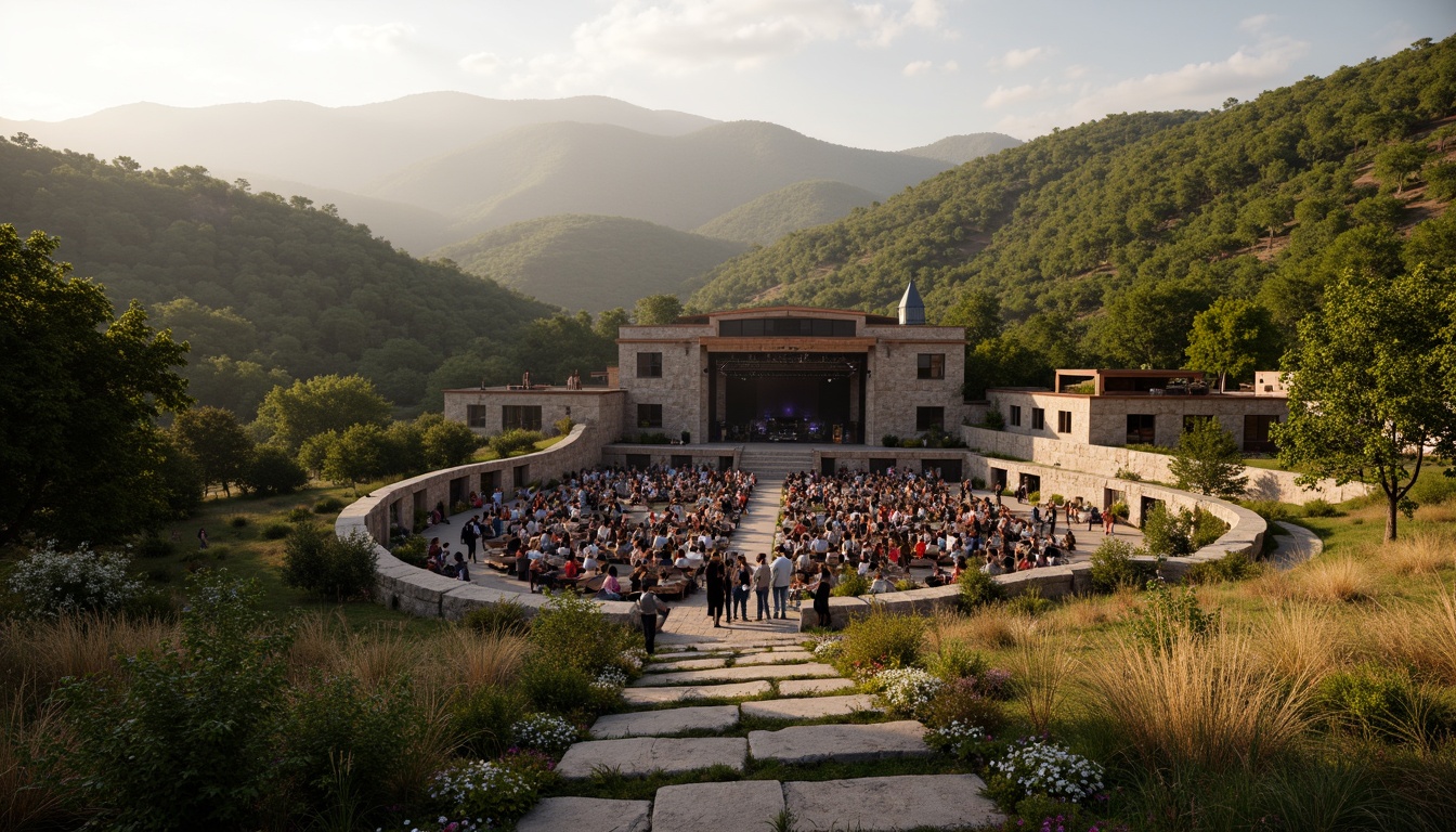 Prompt: Rustic music venue, rolling hills, lush greenery, natural stone walls, reclaimed wood accents, earthy tones, outdoor amphitheater, tiered seating, festival grounds, stage lighting, misting systems, warm summer evening, soft focus blur, shallow depth of field, 1/2 composition, panoramic view, realistic textures, ambient occlusion.