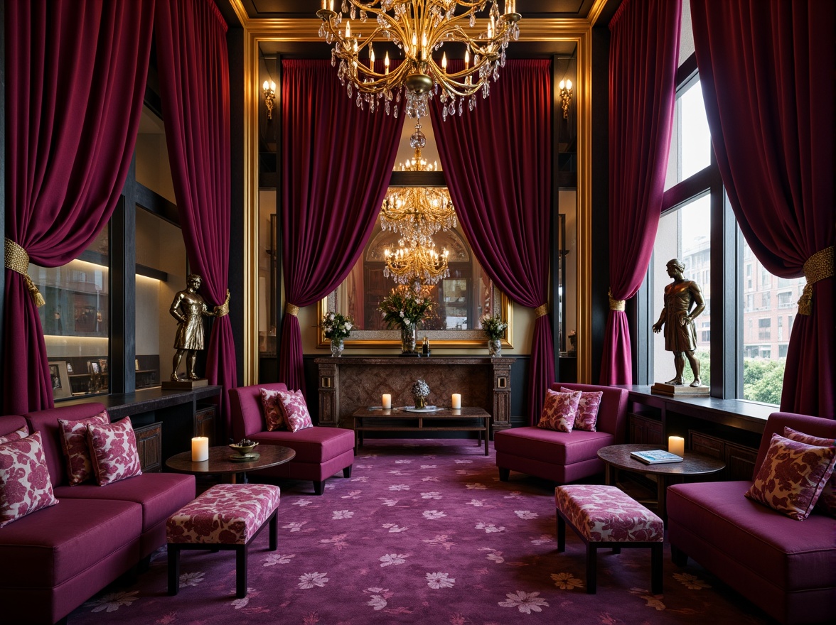 Prompt: Rich plum hues, luxurious velvet fabrics, ornate gold accents, lavish crystal chandeliers, regal purple undertones, opulent bronze statues, dramatic curtain draping, intimate candlelit ambiance, deep berry wine colors, sophisticated marble countertops, mysterious dark wood tones, indulgent soft furnishings, whimsical floral patterns, warm golden lighting, 3/4 composition, shallow depth of field, romantic atmosphere.