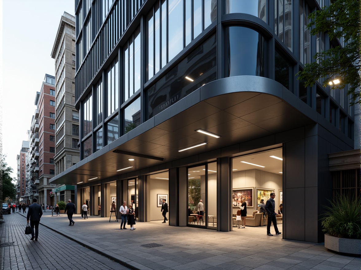 Prompt: Streamlined bank facade, modernist architecture, curved lines, minimalist details, large glass windows, metallic frames, polished stone floors, elegant entrance canopy, subtle LED lighting, afternoon sunlight, shallow depth of field, 1/2 composition, realistic reflections, ambient occlusion, surrounding urban landscape, city streets, pedestrian traffic, abstract geometric patterns.