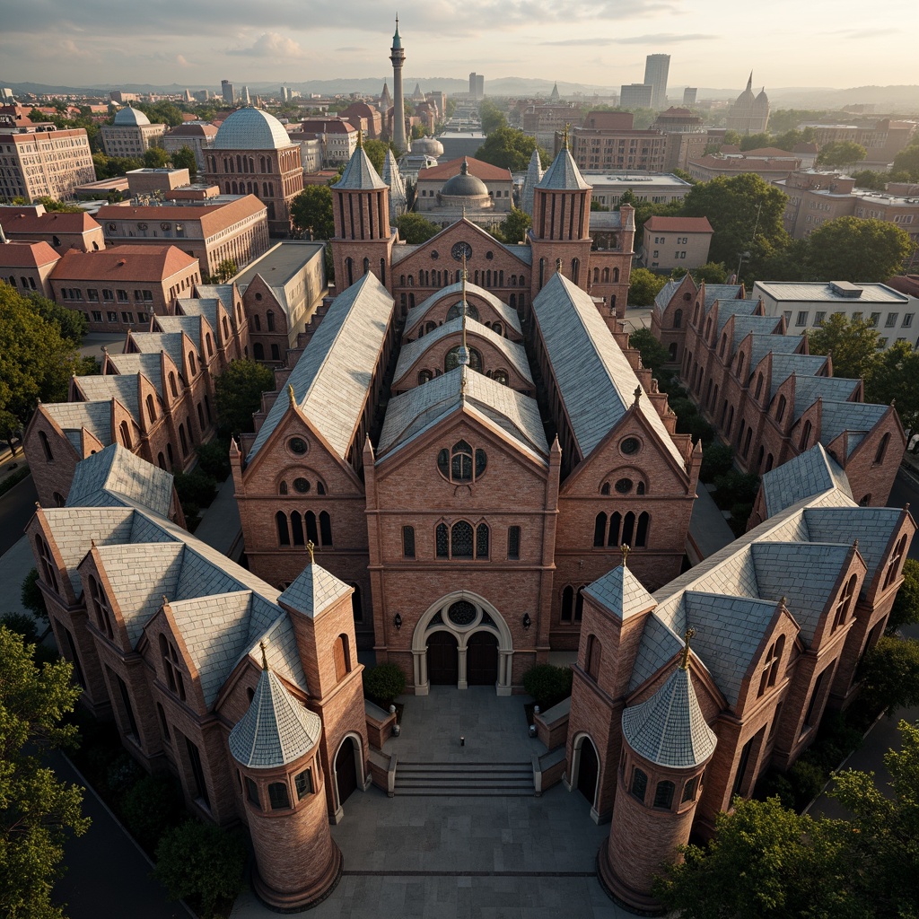 Prompt: Romanesque church, grandiose roof lines, curved arches, ornate stone carvings, rustic red brick, slate grey tiles, steeply pitched roofs, pointed towers, ribbed vaults, clerestory windows, stained glass, intricate mosaics, golden accents, warm afternoon light, soft diffused shadows, atmospheric perspective, 1/2 composition, dramatic high-angle view, detailed textures, ambient occlusion.