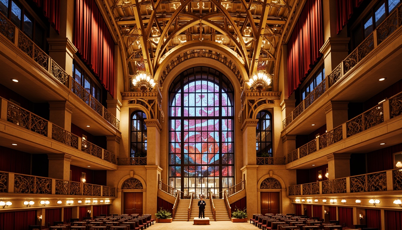 Prompt: Intricate concert hall, ornate details, flowing curves, sinuous lines, organic forms, vibrant stained glass, luxurious velvet drapes, gilded accents, ornamental metalwork, grandiose chandeliers, majestic staircase, polished marble floors, rich wood paneling, acoustic panels, soundproofing materials, warm golden lighting, soft focus, shallow depth of field, 1/1 composition, realistic textures, ambient occlusion.