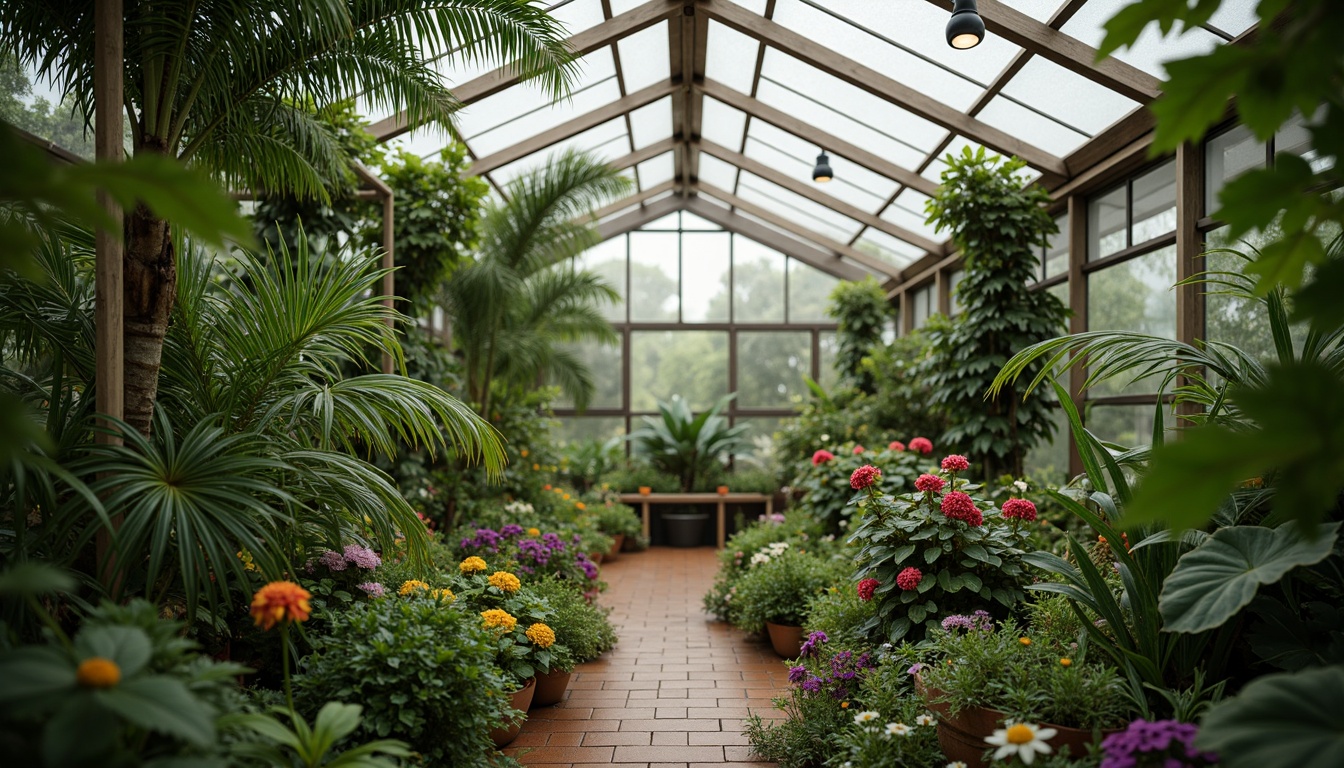 Prompt: Vibrant tropical greenhouse, lush green foliage, exotic flowers, natural wood accents, earthy terracotta pots, misty atmosphere, soft warm lighting, shallow depth of field, 1/2 composition, intimate viewpoint, realistic textures, ambient occlusion, calming color palette, soothing pastel hues, harmonious contrast, analogous color scheme, monochromatic green tones, stimulating yellow accents, refreshing blue undertones.