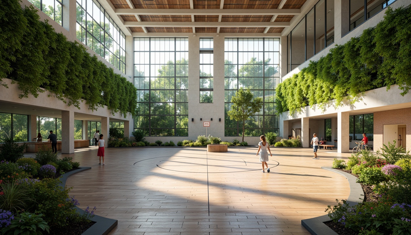 Prompt: Panoramic gymnasium interior, natural light pouring in, lush green walls, living roofs, vibrant flowers, wooden flooring, minimalist design, modern architecture, large windows, sliding glass doors, athletic tracks, sports equipment, basketball hoops, tennis courts, climbing walls, exercise machines, locker rooms, shower facilities, ambient lighting, shallow depth of field, 3/4 composition, realistic textures, ambient occlusion.