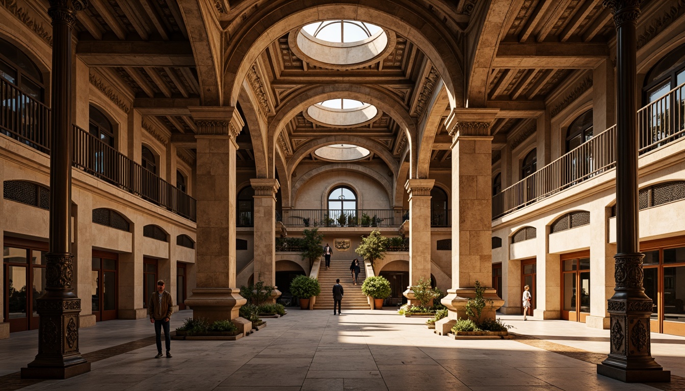 Prompt: Ornate market hall, sand-cast iron columns, neoclassical architecture, ornamental details, intricate moldings, grand staircase, high ceilings, arched windows, rustic stone walls, warm golden lighting, shallow depth of field, 1/1 composition, realistic textures, ambient occlusion.