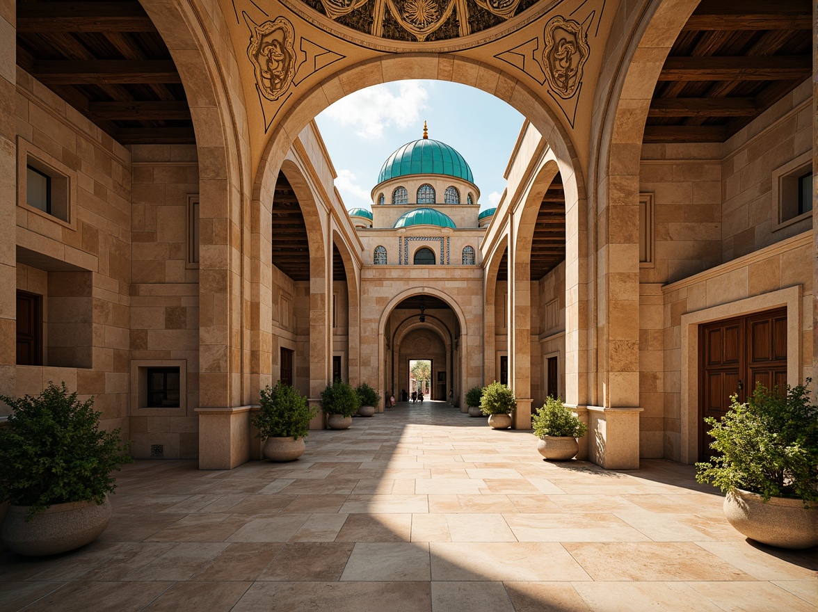 Prompt: Byzantine architecture, ornate decorations, golden domes, rustic stone walls, intricate mosaics, warm beige tones, earthy terracotta hues, rich turquoise accents, soft cream marble, aged bronze details, mysterious ambiance, warm sunny day, dramatic shadows, high contrast lighting, 1/1 composition, symmetrical framing, realistic textures, ambient occlusion.