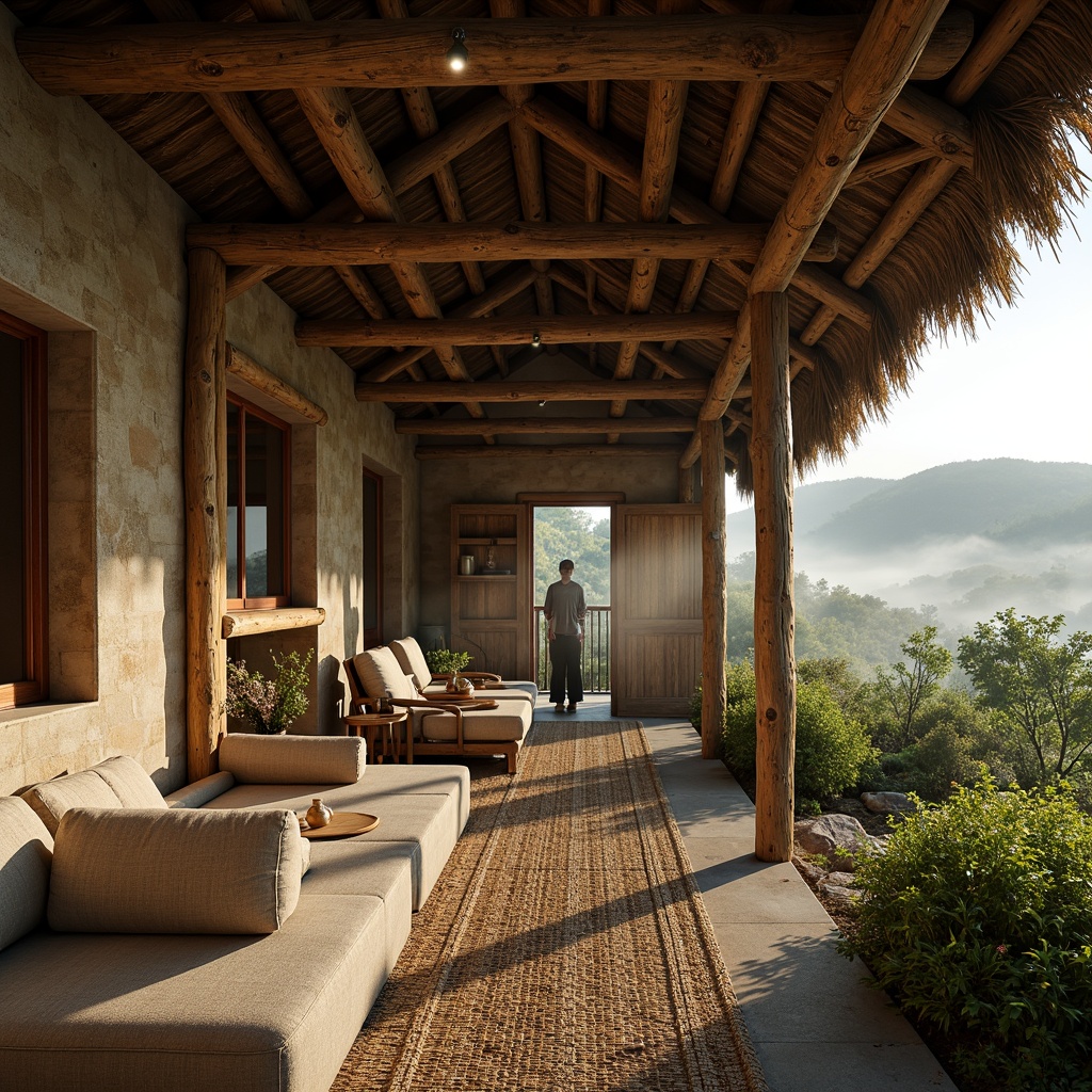 Prompt: Rustic rural cottage, wooden beams, earthy stone walls, thatched roof, natural fiber insulation, reclaimed wood furniture, woven bamboo doors, lush green surroundings, rolling hills, misty morning, warm sunlight, soft focus, shallow depth of field, 1/2 composition, earthy color palette, organic textures, ambient occlusion.