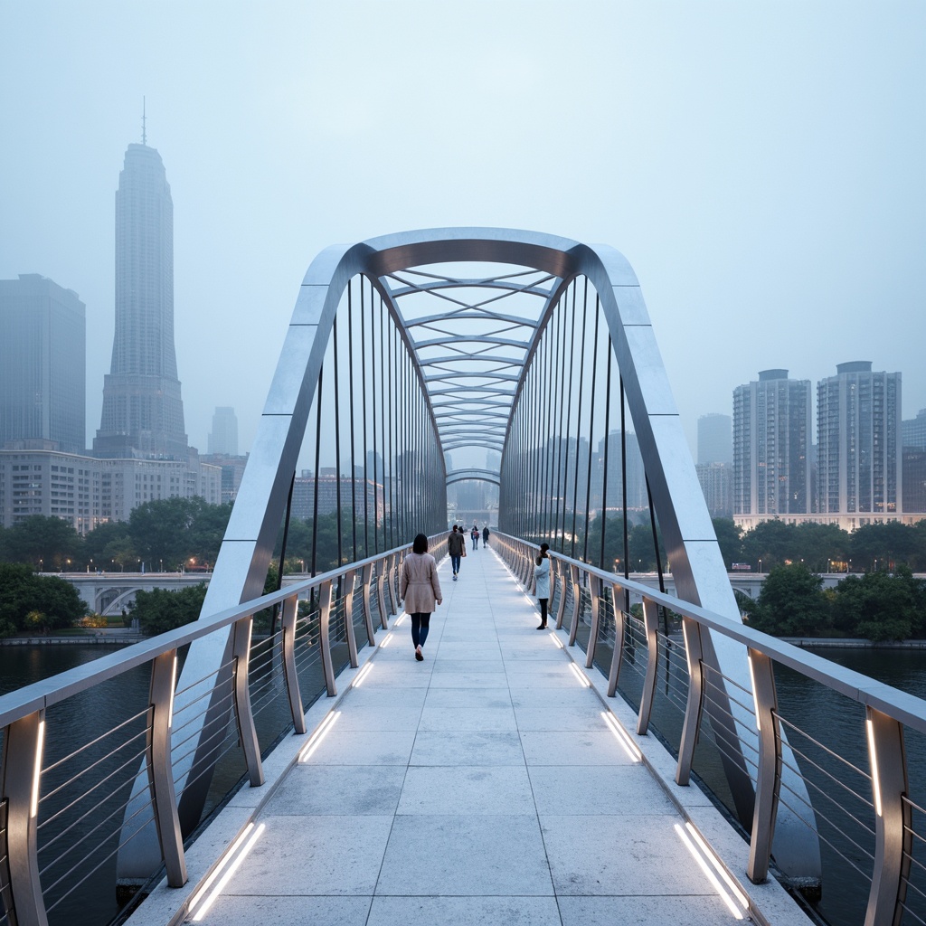 Prompt: Futuristic pedestrian bridge, sleek metal arches, suspension cables, LED lighting strips, gleaming white concrete piers, modern urban landscape, city skyline views, misty atmospheric effects, shallow depth of field, 1/2 composition, panoramic view, realistic reflections, ambient occlusion, curved lines, minimalist railings, stainless steel materials, glass floors, innovative kinetic structures, dynamic movement simulations, futuristic architectural details, vibrant neon color schemes.