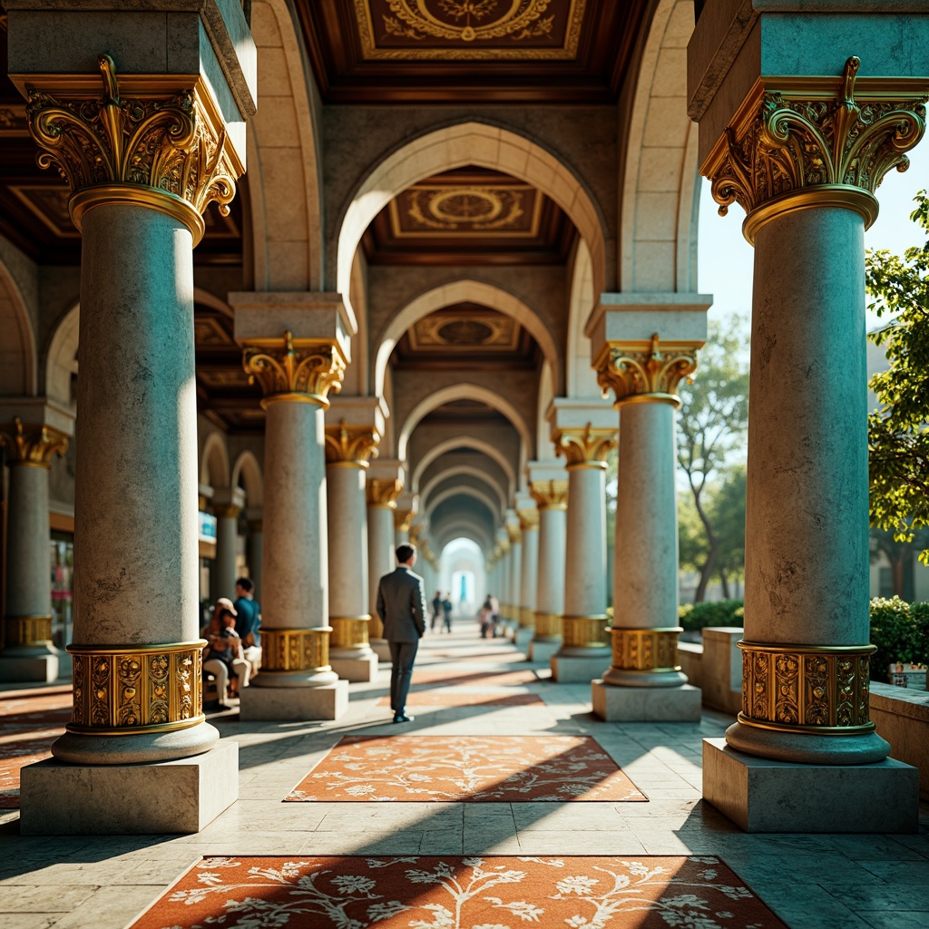 Prompt: Ornate Byzantine columns, intricate marble carvings, golden accents, ornamental capitals, spiraling flutes, polished granite bases, richly textured fabrics, lavish mosaics, vibrant turquoise hues, warm golden lighting, shallow depth of field, 1/2 composition, dramatic shadows, realistic reflections, ambient occlusion.