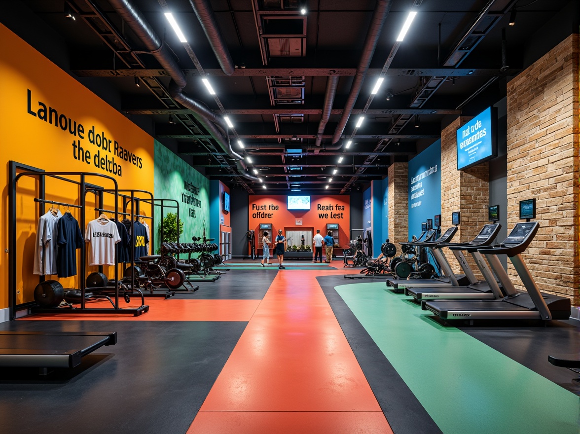 Prompt: Vibrant fitness club, energetic atmosphere, bold color scheme, dynamic lighting, motivational quotes, state-of-the-art equipment, sleek metal frames, rubber flooring, modern architecture, high ceilings, spacious interior, natural stone accents, calming green walls, invigorating orange hues, refreshing blue tones, warm wood textures, athletic wear displays, inspirational wall art, futuristic digital screens, shallow depth of field, 3/4 composition, panoramic view, realistic textures, ambient occlusion.