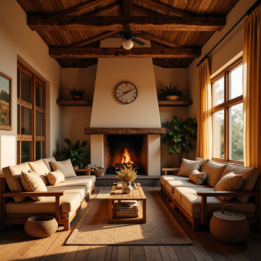 Prompt: Warm persimmon hues, earthy tones, natural textures, rustic wooden accents, cozy living rooms, comfortable sofas, vintage decor, woven baskets, soft candlelight, warm beige walls, distressed wood furniture, autumnal leaves, golden sunsets, shallow depth of field, 2/3 composition, inviting atmosphere, realistic renderings.