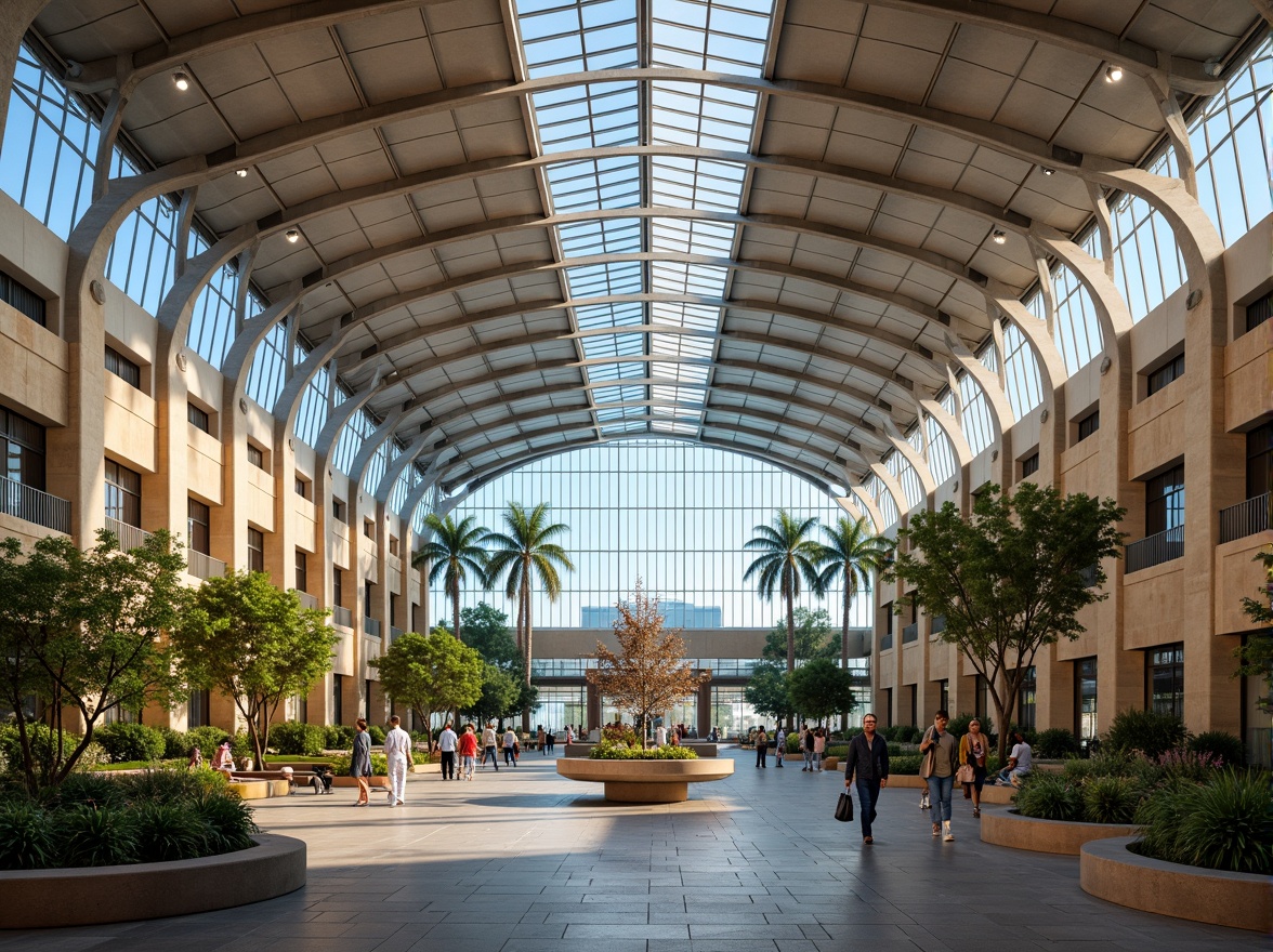 Prompt: Aerodynamic airport terminal, curved rooflines, sleek glass facades, vibrant LED lighting, modern metallic structures, cultural-inspired motifs, regional patterns, warm beige stone walls, lush greenery, tropical palm trees, airy open spaces, natural ventilation systems, abundant sunlight, shallow depth of field, 3/4 composition, panoramic view, realistic textures, ambient occlusion.