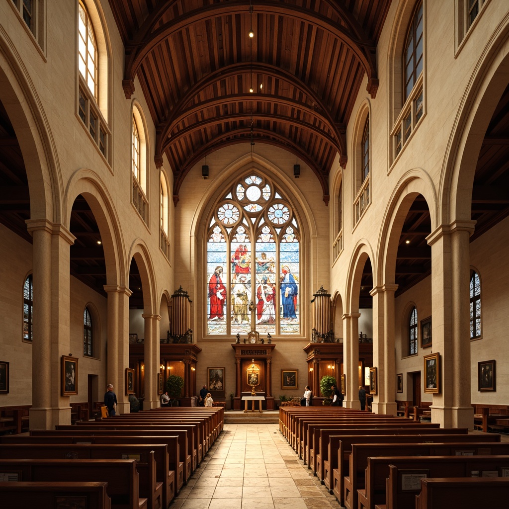 Prompt: Sacred church interior, warm golden lighting, soft beige stone walls, rich wooden accents, majestic stained glass windows, vibrant blue and red hues, ornate Gothic architecture, intricate carvings, solemn atmosphere, peaceful ambiance, natural materials, earthy tones, subtle textures, warm color harmony, 1/2 composition, shallow depth of field, realistic renderings.