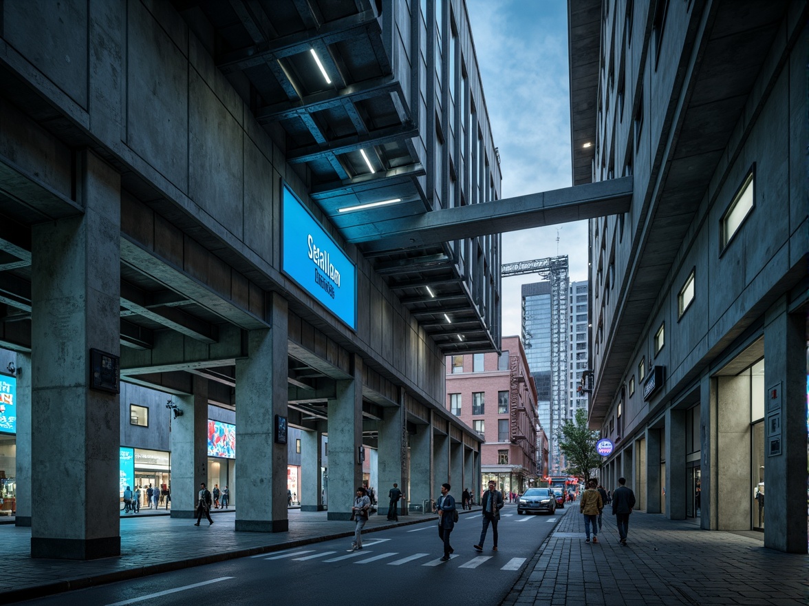 Prompt: Raw concrete walls, industrial-style lighting, exposed ductwork, steel beams, urban cityscape, busy streets, electric vehicle charging points, futuristic technology, neon signage, geometric shapes, brutalist architecture, functional design, minimalist aesthetics, cold color tones, metallic materials, angular lines, 3/4 composition, shallow depth of field, realistic textures, ambient occlusion.