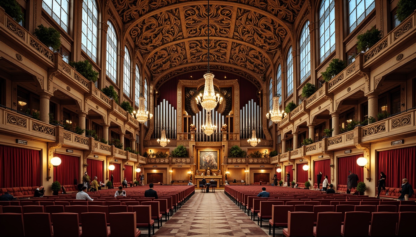 Prompt: Intricate ornamental facades, flowing organic lines, sinuous curves, botanical motifs, stained glass windows, grand concert hall, opulent chandeliers, velvet drapes, gilded accents, carved wooden panels, decorative ironwork, lavish textiles, vibrant colors, dramatic lighting, shallow depth of field, 1/1 composition, realistic reflections, ambient occlusion, ornate furniture, intricate moldings, luxurious atmosphere.