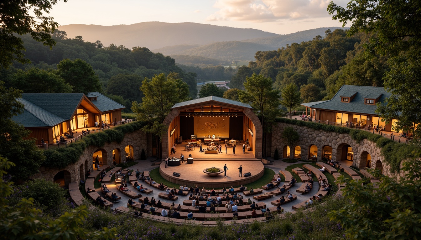 Prompt: Rustic music venue, natural amphitheater, rolling hills, verdant forests, wooden stage, earthy tones, organic architecture, stone walls, green roofs, outdoor seating areas, twinkling string lights, warm sunset ambiance, shallow depth of field, 1/2 composition, soft focus, natural textures, ambient occlusion, intimate performance space, acoustic sound design, minimalist decor, earth-inspired color palette.