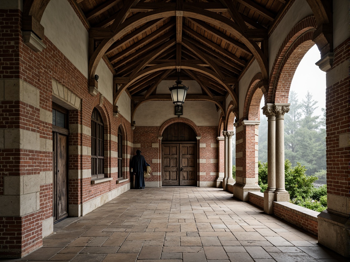 Prompt: Rustic stone walls, intricately carved arches, ornate brick patterns, grandiose columns, sturdy vaulted ceilings, majestic Gothic Revival architecture, earthy tone color palette, weathered wooden accents, lush greenery, overcast skies, soft diffused lighting, shallow depth of field, 2/3 composition, symmetrical framing, rich textures, subtle ambient occlusion.