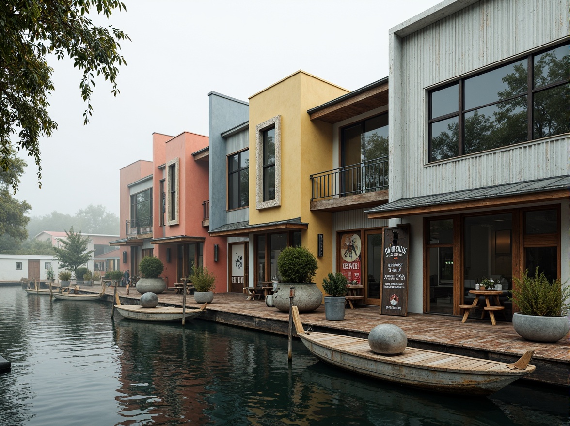 Prompt: Waterfront location, rustic wooden dock, vintage boat moorings, eclectic boathouse facade, playful postmodernist architecture, bold color blocking, irregular geometric shapes, asymmetrical composition, oversized windows, weathered wooden accents, corrugated metal roofing, distressed textures, whimsical nautical details, nostalgic signage, lush greenery, overhanging plants, misty morning atmosphere, soft diffused lighting, shallow depth of field, 2/3 composition, realistic renderings, ambient occlusion.