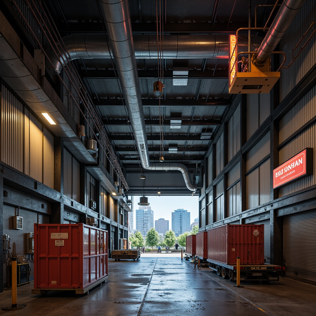 Prompt: Exposed ductwork, industrial pipes, metal beams, concrete floors, urban cityscape, functional architecture, loading docks, cargo containers, steel frames, corrugated metal walls, neon signage, overhead cranes, mechanical equipment, utilitarian design, raw unfinished textures, dramatic high ceilings, flood lighting, shallow depth of field, 2/3 composition, realistic renderings, ambient occlusion.