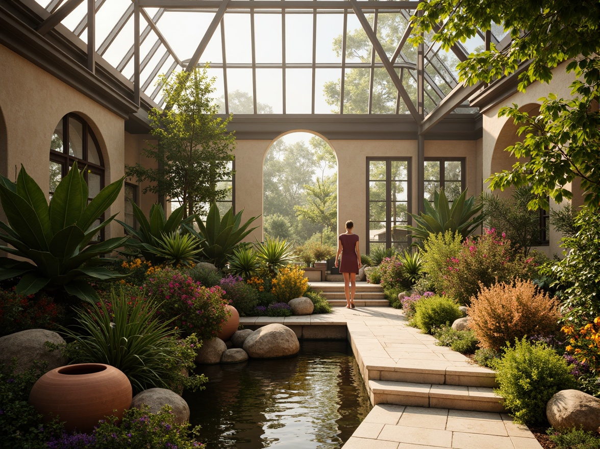 Prompt: Vibrant botanical greenhouse, lush greenery, tropical plants, warm natural light, colorful flowers, soothing water features, rustic wooden accents, earthy terracotta pots, misty atmosphere, soft diffused lighting, 1/1 composition, intimate view, realistic textures, ambient occlusion, warm beige walls, glass roof, modern minimalist architecture, sleek metal frames, subtle color contrast, harmonious palette, natural stone flooring.