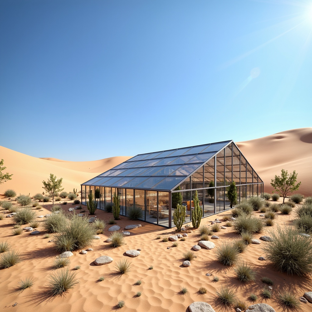 Prompt: Arid desert landscape, vast sandy dunes, cactus plants, hot sunny day, clear blue sky, modern futuristic greenhouse architecture, sleek metal frames, transparent glass surfaces, angular lines, minimalist design, advanced ventilation systems, evaporative cooling technologies, misting systems, shaded outdoor spaces, humidification control, climate regulation, optimal air circulation, healthy plant growth, thriving crops, innovative irrigation systems, water conservation measures, sustainable energy solutions, solar panels, wind turbines.