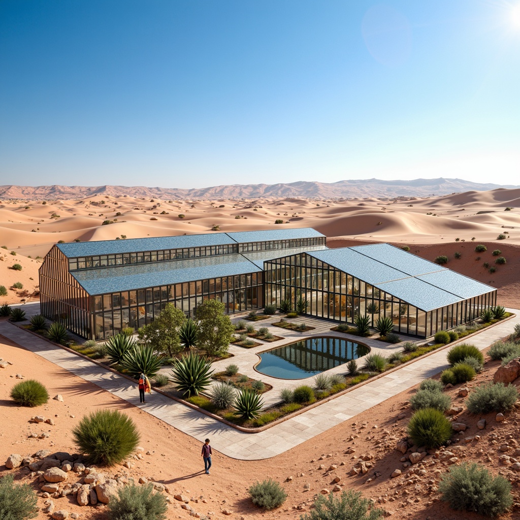 Prompt: Desert greenhouse, vast sandy dunes, cactus plants, hot sunny day, clear blue sky, innovative ventilation systems, evaporative cooling technology, misting systems, shading devices, solar screens, reflective glass surfaces, angular lines, modern minimalist design, sustainable energy solutions, renewable power sources, water conservation systems, green roofs, eco-friendly materials, Arabic-inspired patterns, vibrant colorful textiles, intricate geometric motifs, natural stone walkways, steel frames, large windows, automatic climate control, 3/4 composition, panoramic view, realistic textures, ambient occlusion.