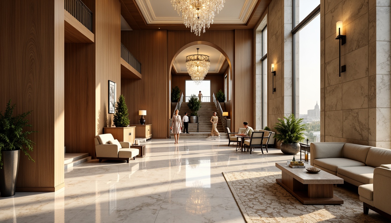 Prompt: Luxurious hotel lobby, marble flooring, polished wooden walls, plush velvet sofas, ornate crystal chandeliers, modern minimalist reception desk, sleek metal accents, warm golden lighting, soft cream-colored carpets, elegant patterned rugs, natural stone columns, grand staircases, lavish drapery, opulent furnishings, sophisticated ambiance, high-end finishes, luxurious textiles, rich wood tones, dramatic ceiling heights, panoramic city views, 1/2 composition, atmospheric misting system.