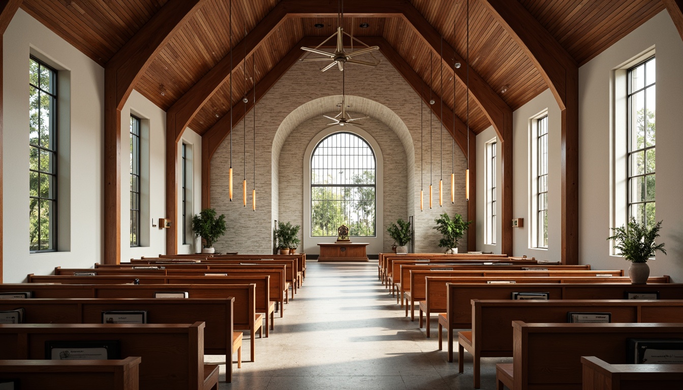 Prompt: Contemporary church interior, minimalist pews, stained glass windows, natural stone walls, sleek metal accents, open floor plan, modern chandeliers, soft warm lighting, shallow depth of field, 3/4 composition, panoramic view, realistic textures, ambient occlusion, spiritual ambiance, calming atmosphere, grand high ceilings, ornate wooden details, elegant arches, subtle color palette, neutral tones, sacred symbols, innovative seating arrangements, flexible worship spaces, acoustic considerations, state-of-the-art sound systems.