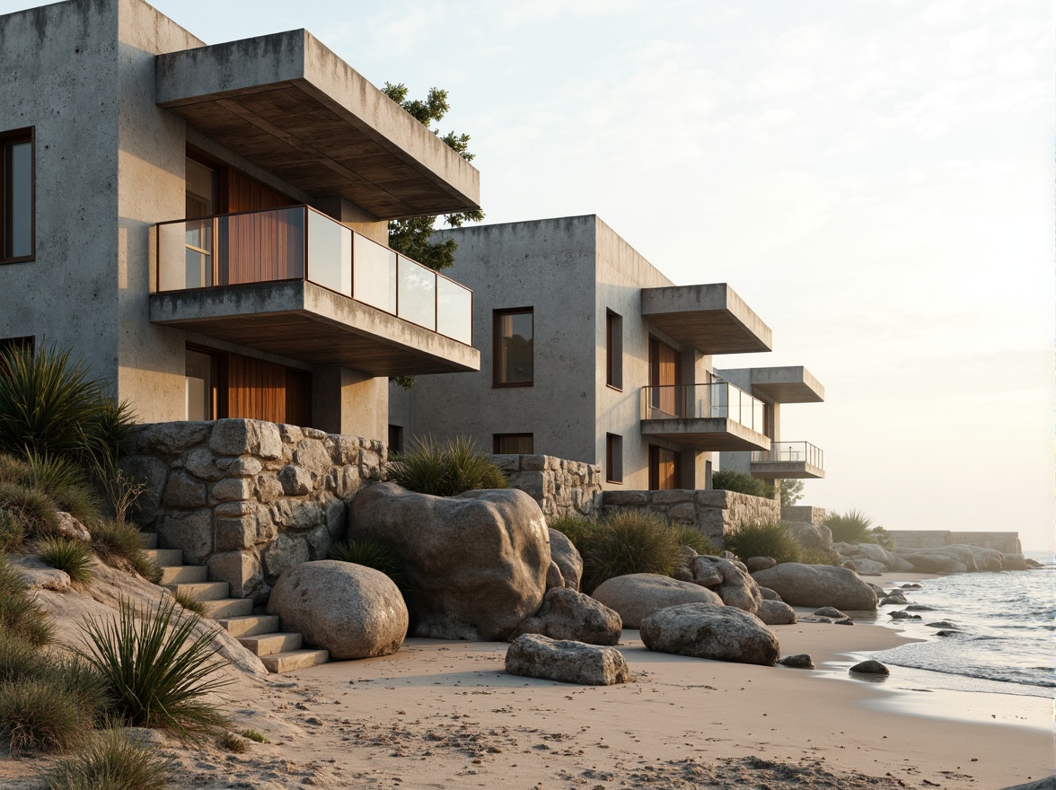 Prompt: Rugged beachside brutalist architecture, weathered concrete walls, distressed wood accents, rusty metal cladding, rough-hewn stone foundations, irregularly shaped windows, cantilevered balconies, ocean-facing views, sandy dunes, driftwood sculptures, seaside plants, misty morning light, soft warm colors, shallow depth of field, 1/1 composition, symmetrical framing, realistic textures, ambient occlusion.