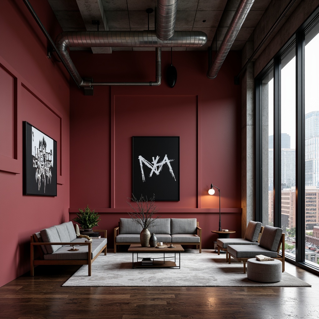 Prompt: Rich burgundy walls, industrial metal accents, minimalist furniture, geometric shapes, bold typography, monochromatic color scheme, avant-garde art pieces, sleek wooden floors, functional lighting fixtures, modernist architectural elements, brutalist concrete structures, urban cityscape views, dramatic shadows, high-contrast photography, 2.35