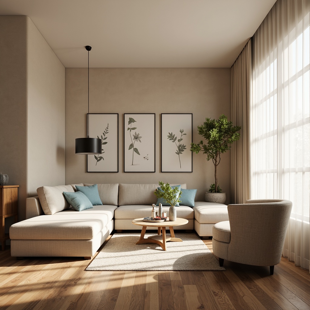 Prompt: Cozy apartment interior, warm beige walls, rich walnut wood floors, comfortable plush furniture, soft pastel hues, calming blue accents, natural light pouring in, large windows, sheer white curtains, subtle texture contrasts, elegant minimalist decor, modern sleek lines, warm golden lighting, intimate atmosphere, 3/4 composition, shallow depth of field.