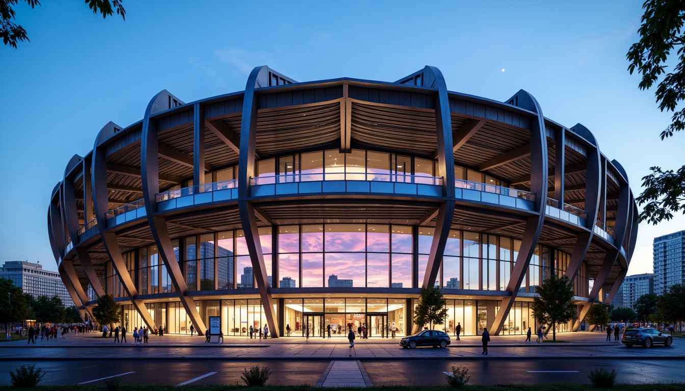 Prompt: Modern stadium facade, steel structure, curved lines, metallic luster, vibrant LED lighting, sleek angular pillars, cantilevered roofs, large glass windows, transparent walls, open-air concourses, grand entrance gates, dynamic arches, ribbed steel panels, industrial aesthetic, urban landscape, cityscape background, dramatic evening lighting, high-contrast shadows, 1/1 composition, symmetrical framing, realistic reflections, ambient occlusion.