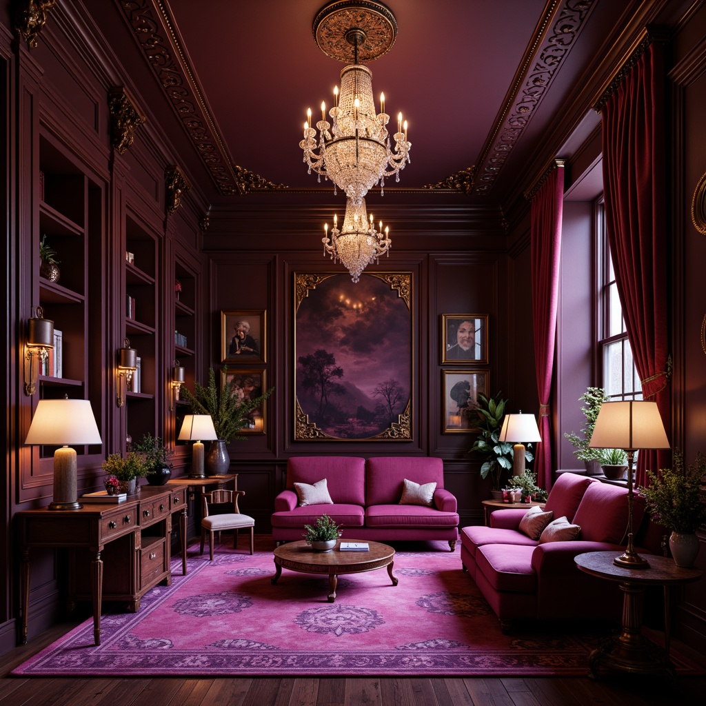 Prompt: Rich plum hues, warm berry tones, luxurious velvet textures, ornate golden accents, mysterious dark wood backgrounds, lavish jewel-toned furnishings, regal purple undertones, soft blush pink highlights, whimsical floral patterns, intricate lace details, opulent crystal chandeliers, dramatic spotlights, 3/4 composition, shallow depth of field, warm soft focus.