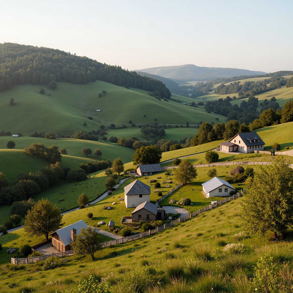 Prompt: Rustic rural landscape, rolling hills, verdant pastures, farmhouses, wooden fences, solar panels, wind turbines, green roofs, eco-friendly materials, natural stone walls, earthy colors, organic farming, sustainable living, minimal carbon footprint, serene atmosphere, soft warm lighting, shallow depth of field, 3/4 composition, panoramic view, realistic textures, ambient occlusion.