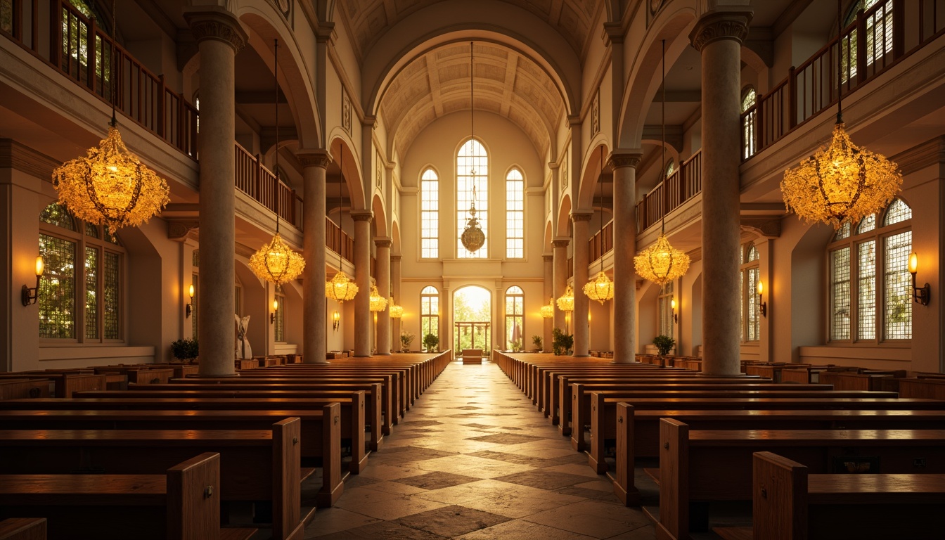 Prompt: Ethereal religious sanctuary, grandiose vaulted ceilings, ornate chandeliers, warm golden lighting, soft candlelight, stained glass windows, intricate stone carvings, minimalist decor, abstract geometric patterns, natural materials, wooden pews, serene ambiance, dramatic high contrast lighting, subtle color grading, 1/2 composition, shallow depth of field, realistic textures, ambient occlusion.