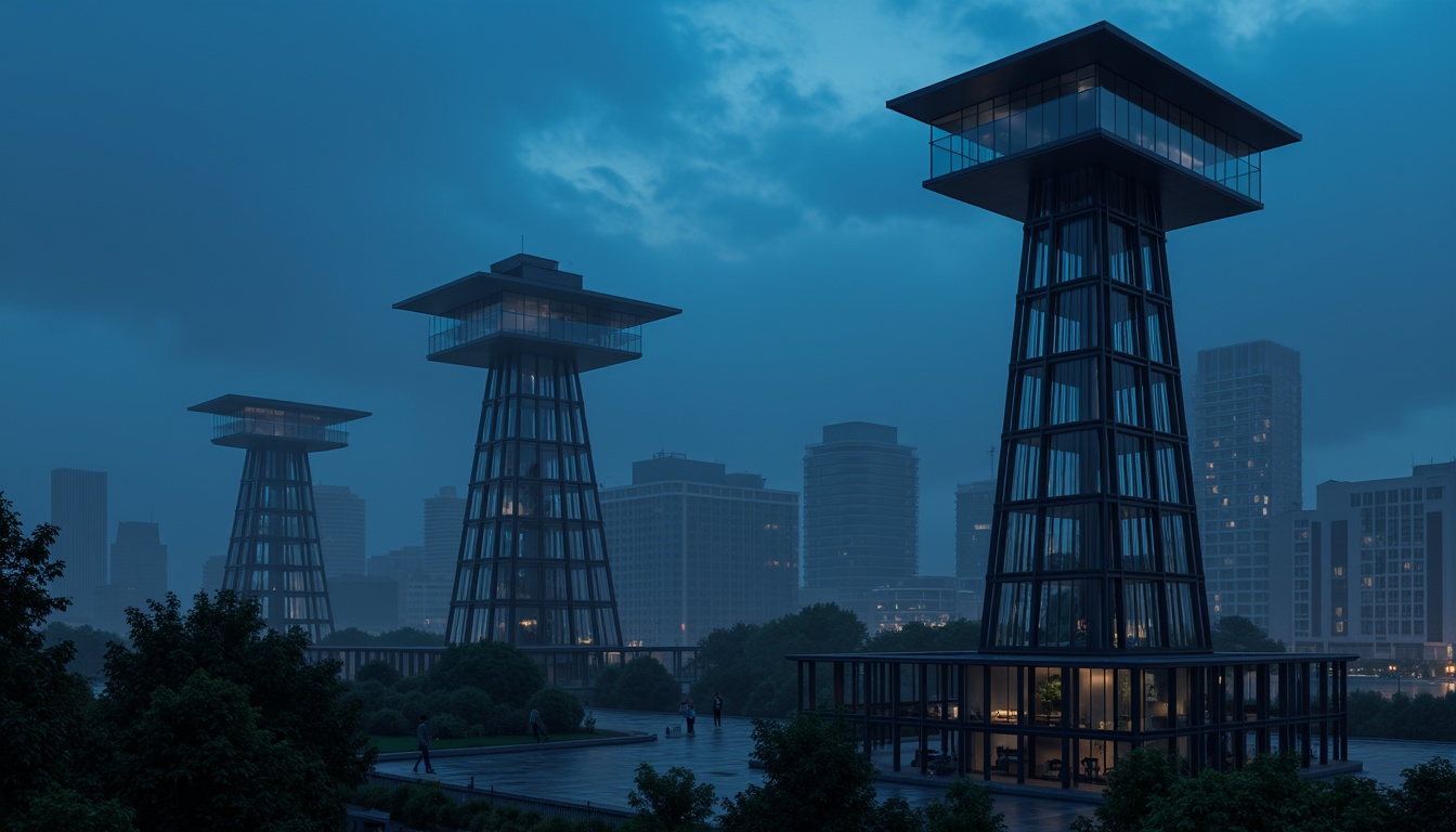 Prompt: Sleek watchtowers, modernist architecture, bold monochromatic color scheme, deep blues, rich whites, industrial metals, glass facades, minimalist details, geometric shapes, clean lines, urban landscapes, city skylines, dramatic nighttime lighting, low-key shadows, high-contrast highlights, cinematic composition, atmospheric mist, soft focus, shallow depth of field.