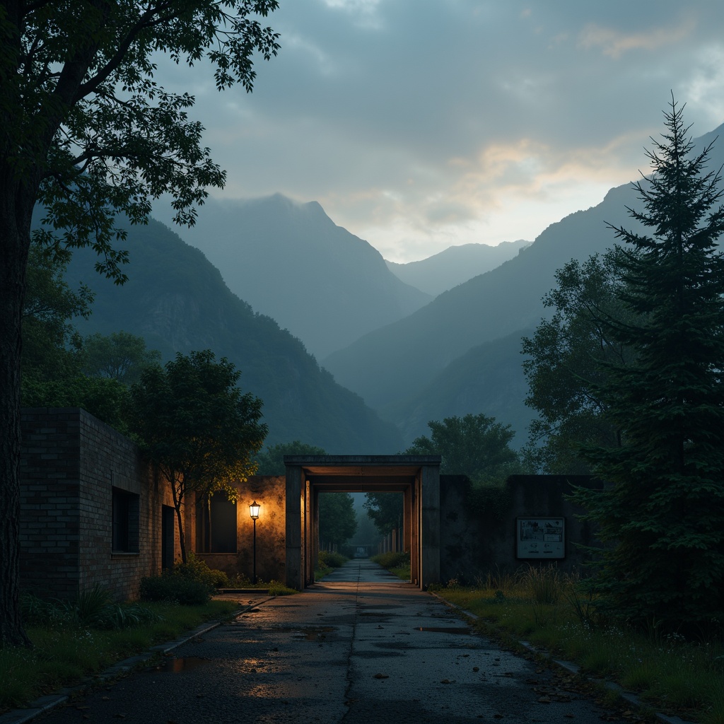 Prompt: Mysterious foggy atmosphere, dark misty mountains, eerie twilight sky, ominous stormy weather, abandoned old trees, crumbling stone walls, vintage rusty gates, faded worn-out signs, moss-covered ancient ruins, dim lantern lighting, warm golden sunrise, soft creamy fog, 1/2 composition, cinematic mood, realistic ambient occlusion.