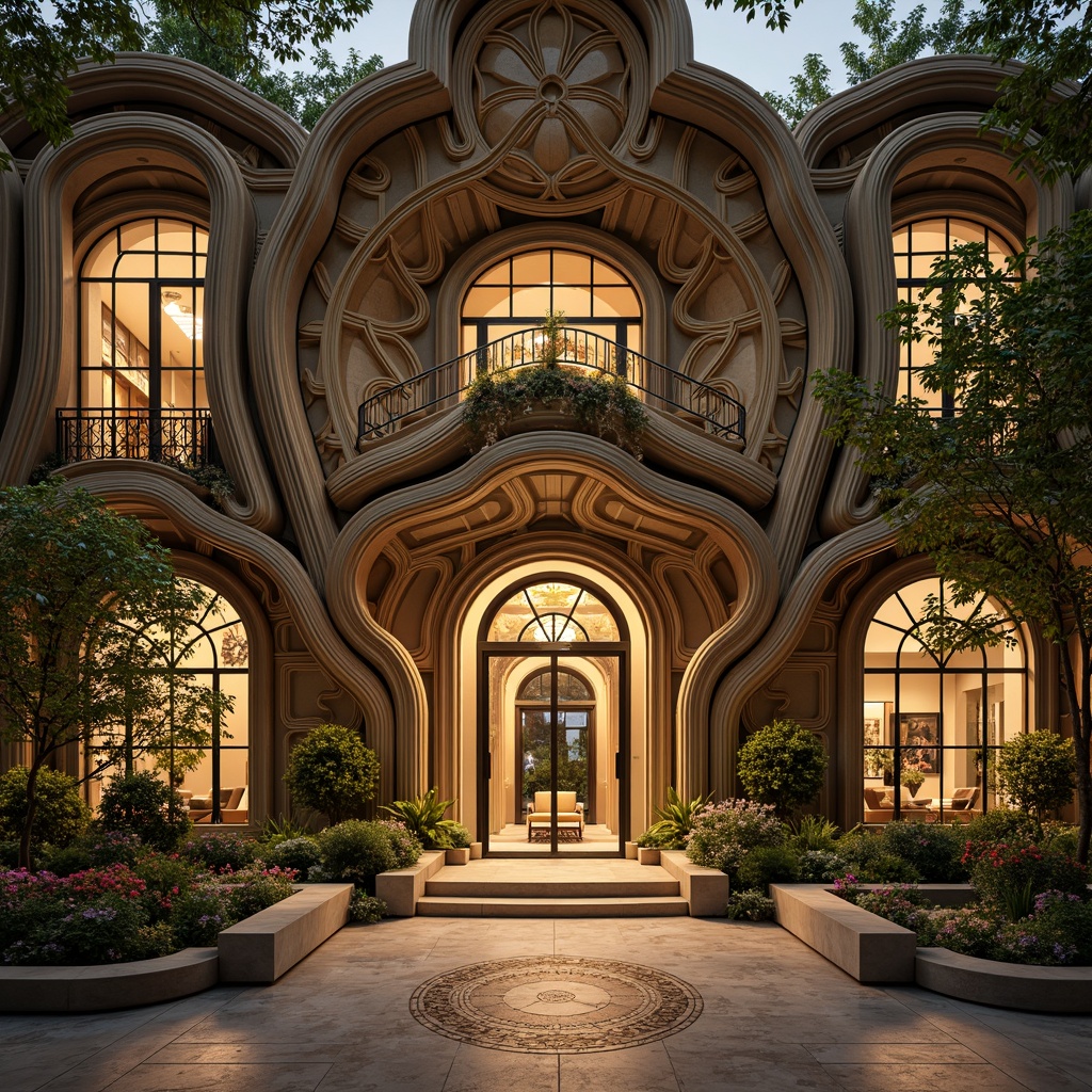 Prompt: Ornate building facade, flowing organic lines, sinuous curves, ornamental ironwork, stained glass windows, grand entrance archways, lavish decorations, luxurious materials, marble floors, intricate mosaics, warm golden lighting, shallow depth of field, 2/3 composition, soft focus, atmospheric perspective, whimsical patterns, botanical motifs, elegant typography, Art Nouveau-inspired ornaments, flowing water features, lush greenery, blooming flowers.