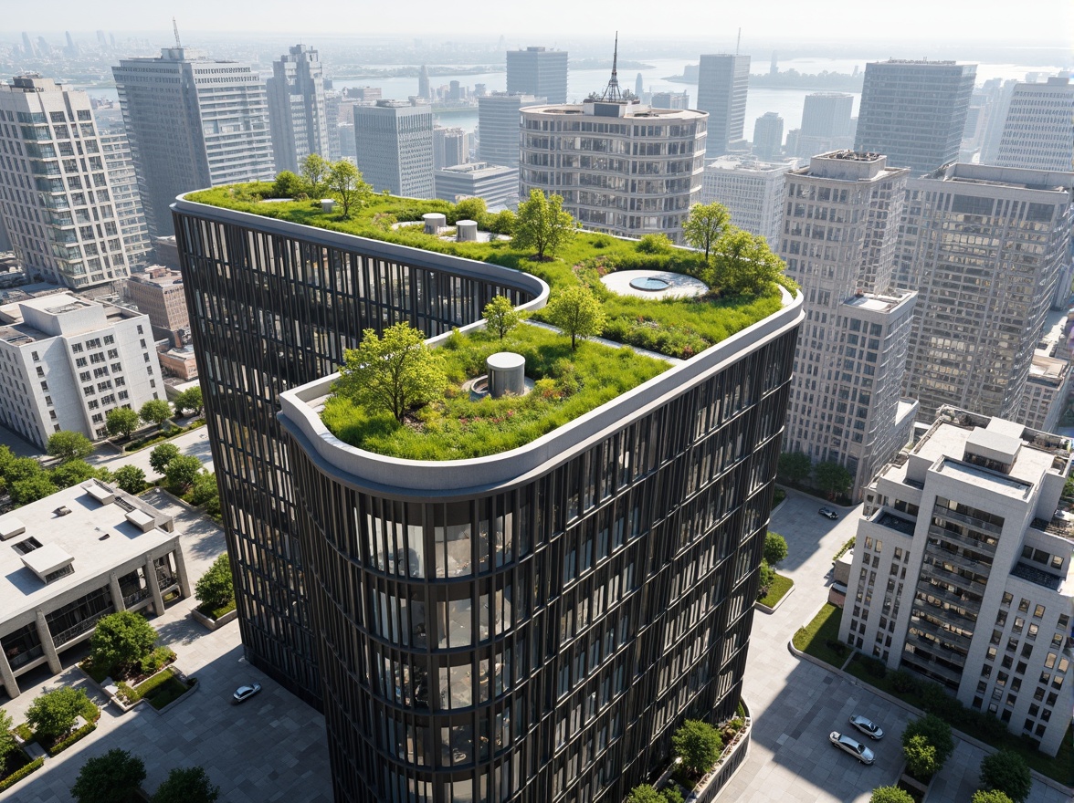 Prompt: Eco-friendly skyscraper, green roofs, solar panels, wind turbines, rainwater harvesting systems, recycled materials, natural ventilation, large windows, minimal shading devices, optimized building orientation, passive design strategies, energy-efficient systems, low-carbon footprint, sustainable urban planning, vibrant cityscape, modern architecture, sleek metal facades, glass balconies, lush green walls, vertical gardens, misting systems, shaded outdoor spaces, realistic textures, ambient occlusion.