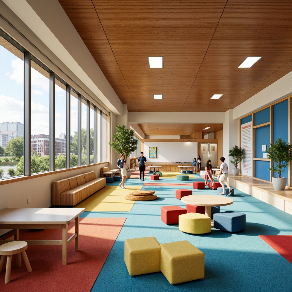 Prompt: Vibrant classrooms, warm beige walls, rich wood accents, calming blue hues, stimulating yellow tones, creamy white furniture, playful red details, natural light pouring in, airy open spaces, comfortable seating areas, collaborative workstations, interactive whiteboards, colorful educational charts, inspirational quotes, soft carpet flooring, modern minimalist decor, eco-friendly materials, sustainable design elements, abundant greenery, lively corridor spaces, inviting library nooks.