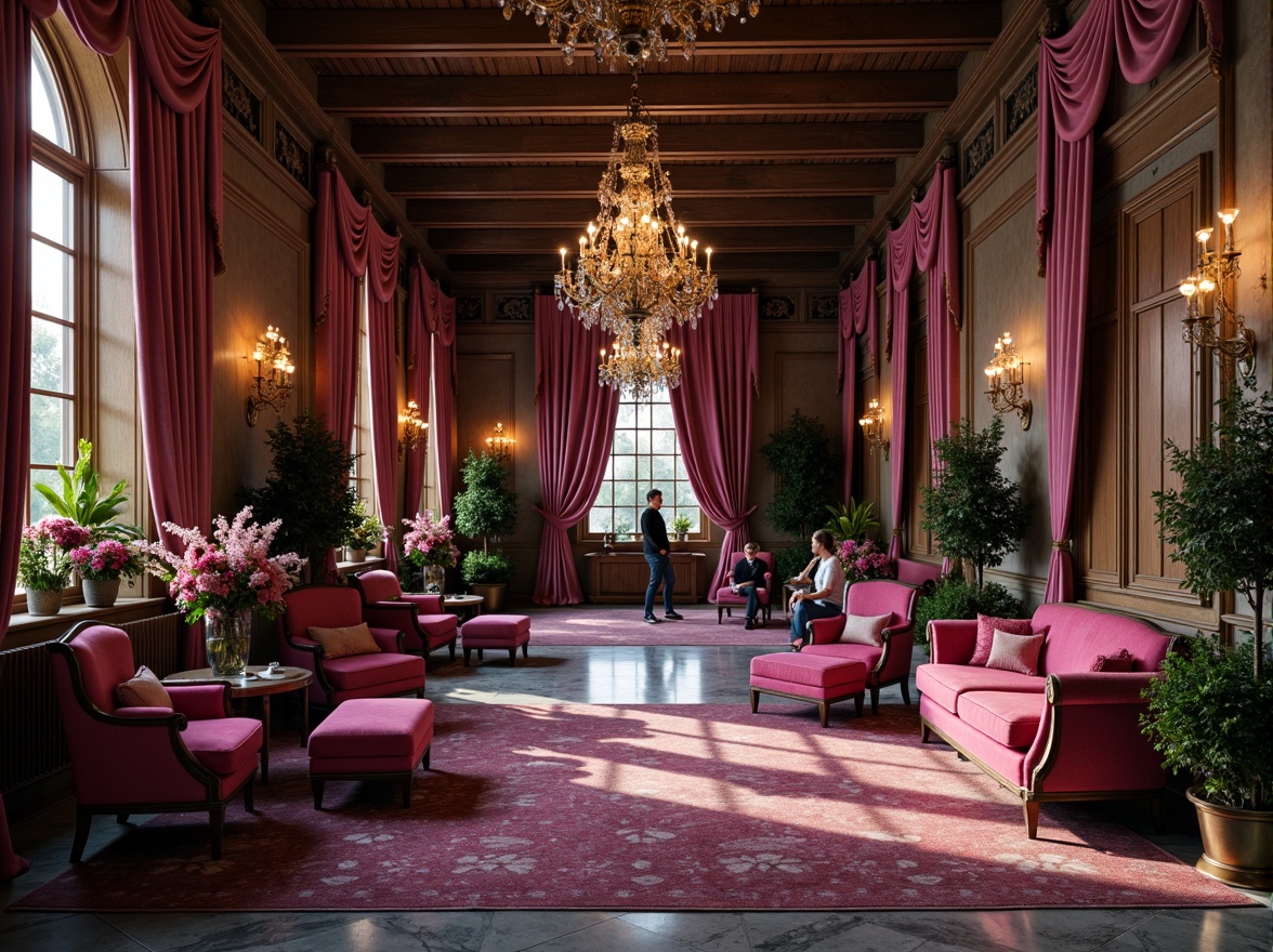 Prompt: Rich plum hues, velvety dark purple undertones, soft blush pink accents, warm golden lighting, luxurious velvet textures, ornate antique furniture, lavish drapery, regal emerald greenery, opulent crystal chandeliers, whimsical floral patterns, delicate lace details, romantic candlelit ambiance, intimate cozy nooks, dramatic high ceilings, elegant marble floors.