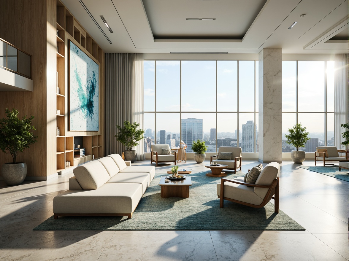 Prompt: \Calm azure accents, creamy whites, soft grays, natural wood tones, elegant gold details, sophisticated marble textures, refined luxurious furniture, spacious high ceilings, floor-to-ceiling windows, panoramic city views, warm sunny day, gentle soft lighting, shallow depth of field, 3/4 composition, realistic reflections, ambient occlusion.\