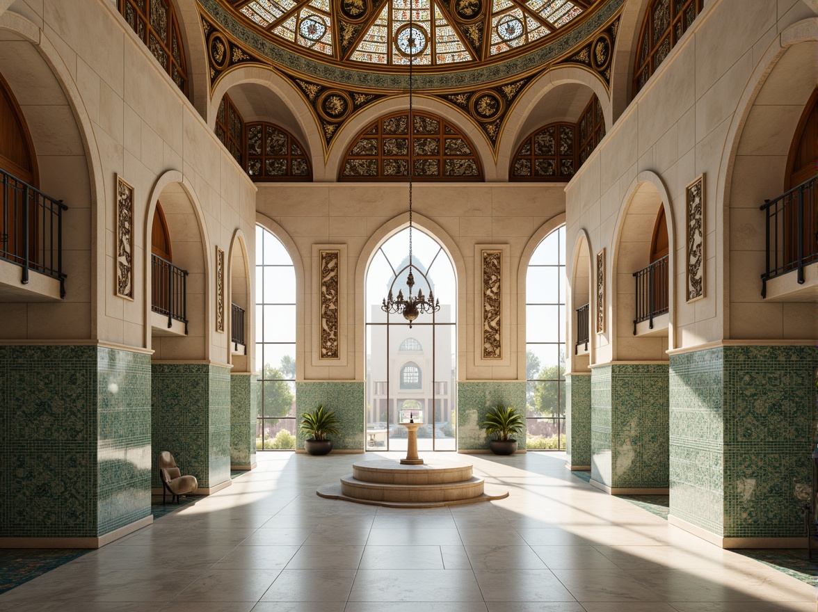 Prompt: Minimalist mosque, curved domes, geometric patterns, intricate archways, vibrant turquoise tiles, grand entrance, marble floors, sleek metal accents, floor-to-ceiling windows, natural light, warm beige stonework, Islamic calligraphy, ornate chandeliers, sacred scriptures, peaceful ambiance, shallow depth of field, 1/1 composition, symmetrical framing, soft warm lighting, realistic textures, ambient occlusion.