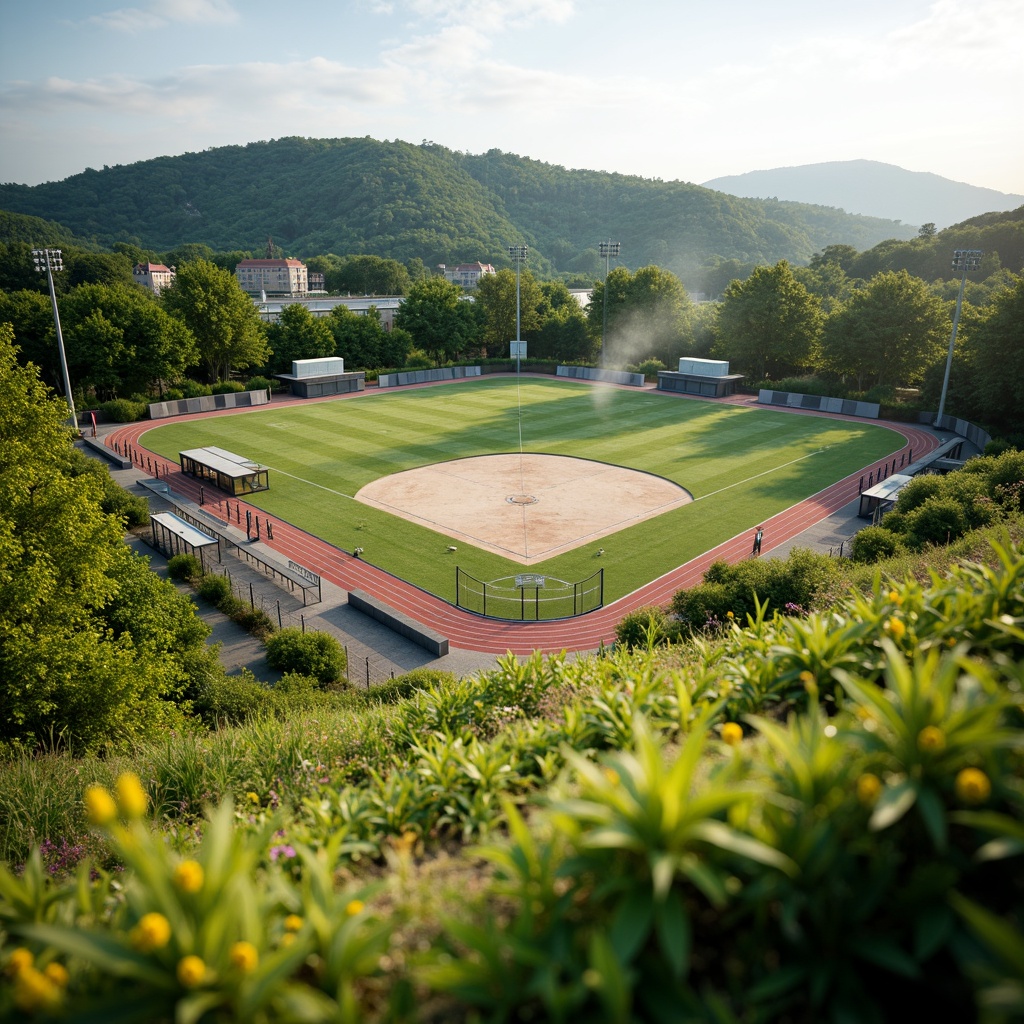 Prompt: Natural grassy terrain, rolling hills, athletic tracks, sports stadiums, goalposts, bleachers, scoreboard, floodlights, lush greenery, vibrant flowers, sprinkler systems, irrigation networks, drainage solutions, sandy infields, clay tennis courts, chain-link fences, metal benches, shaded dugouts, misting systems, warm sunny day, soft natural lighting, shallow depth of field, 3/4 composition, panoramic view, realistic textures, ambient occlusion.