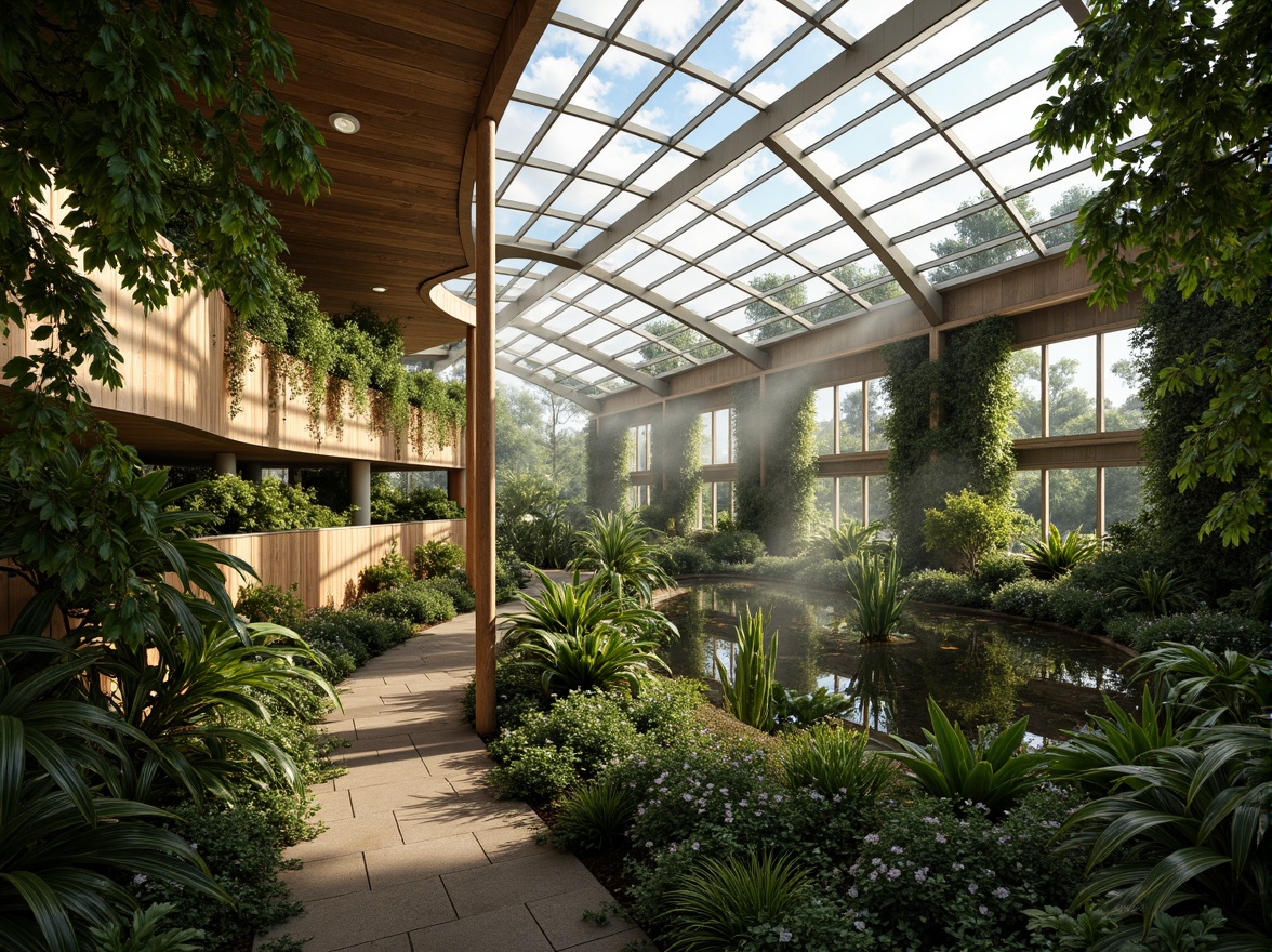 Prompt: Tropical greenhouse interior, lush green walls, exotic plants, misting system, warm natural light, rustic wooden accents, modern glass architecture, curved lines, sustainable energy solutions, solar panels, water conservation systems, eco-friendly materials, innovative cooling technologies, shaded outdoor spaces, observation decks, panoramic views, realistic textures, ambient occlusion, soft warm lighting, shallow depth of field, 3/4 composition.