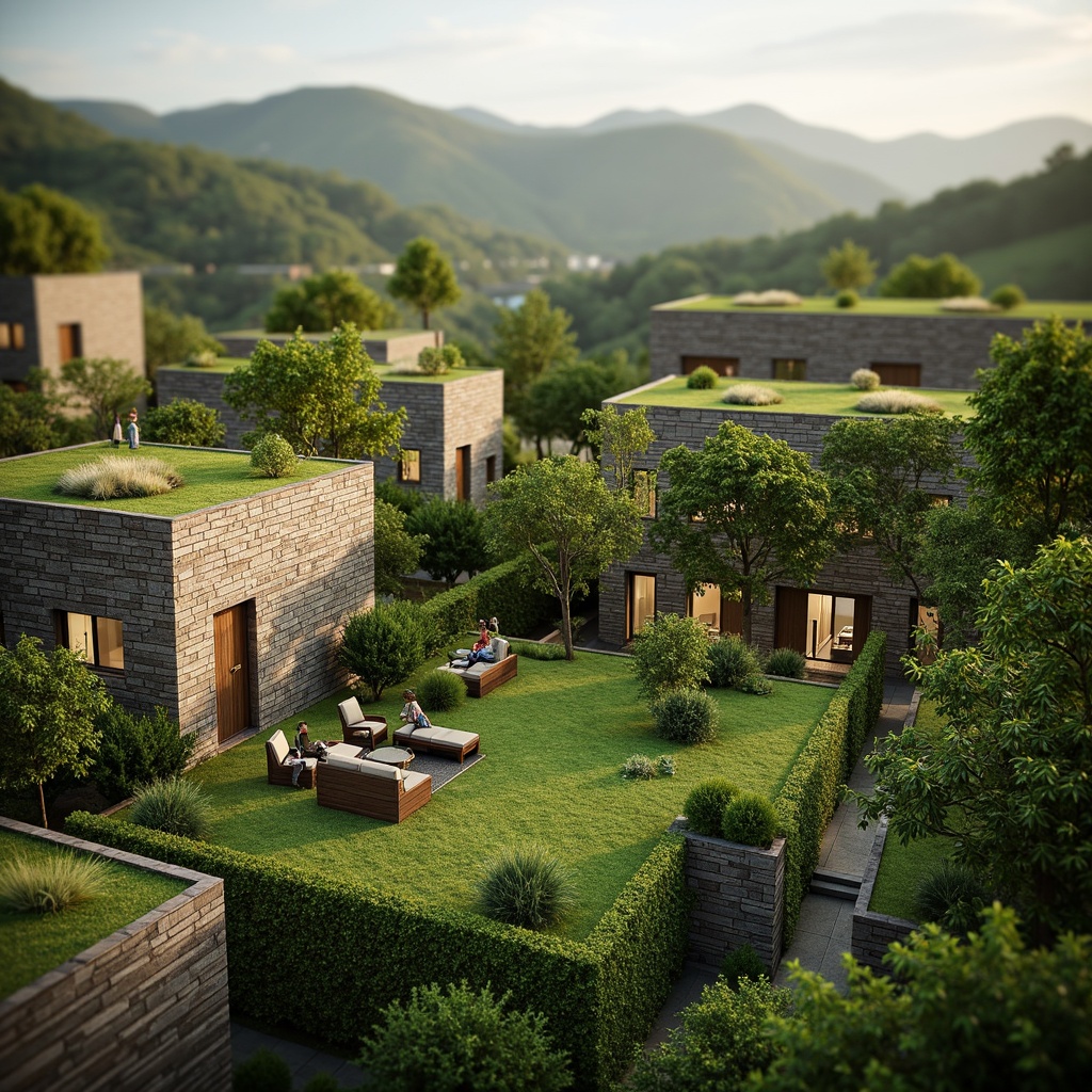 Prompt: Vibrant green roofs, lush vegetation walls, eco-friendly buildings, natural stone facades, reclaimed wood accents, earthy tone color scheme, calming atmosphere, soft warm lighting, shallow depth of field, 3/4 composition, panoramic view, realistic textures, ambient occlusion.