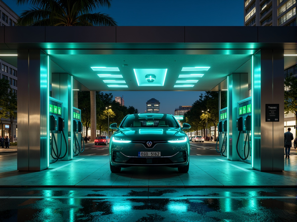 Prompt: Modern electric vehicle charging station, sleek metal pillars, LED light strips, futuristic architecture, neon green accents, high-tech gadgetry, urban cityscape, nighttime illumination, soft blue ambient lighting, 1/1 composition, shallow depth of field, realistic metallic reflections, detailed textures.