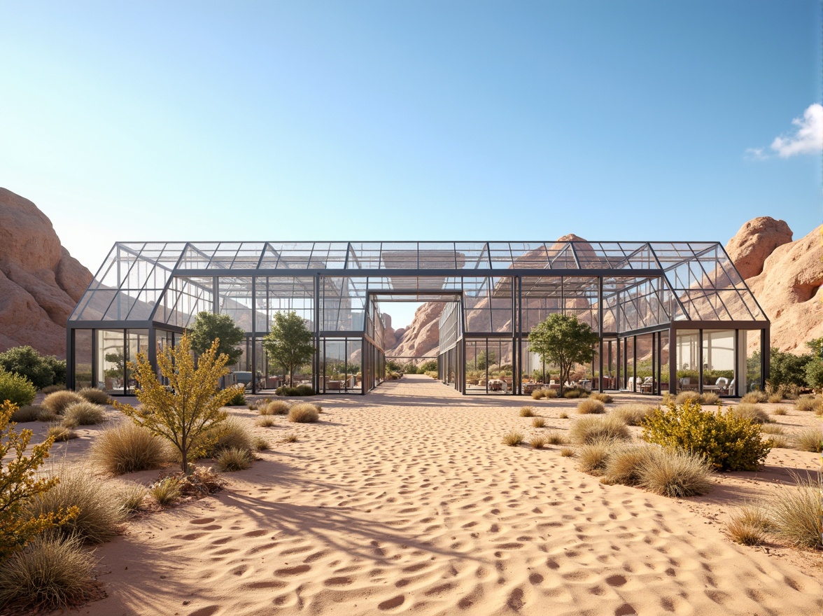 Prompt: Arid desert landscape, sandy dunes, cactus plants, hot sunny day, clear blue sky, vast open space, futuristic greenhouse architecture, sleek metal frames, reflective glass surfaces, angular lines, minimalist design, innovative ventilation systems, air circulation ducts, evaporative cooling systems, misting nozzles, humidification units, climate control panels, sensors and monitoring systems, energy-efficient solutions, sustainable agriculture practices, lush greenery, thriving crops, automated irrigation systems, desert-inspired interior design, vibrant colorful accents, intricate geometric patterns.